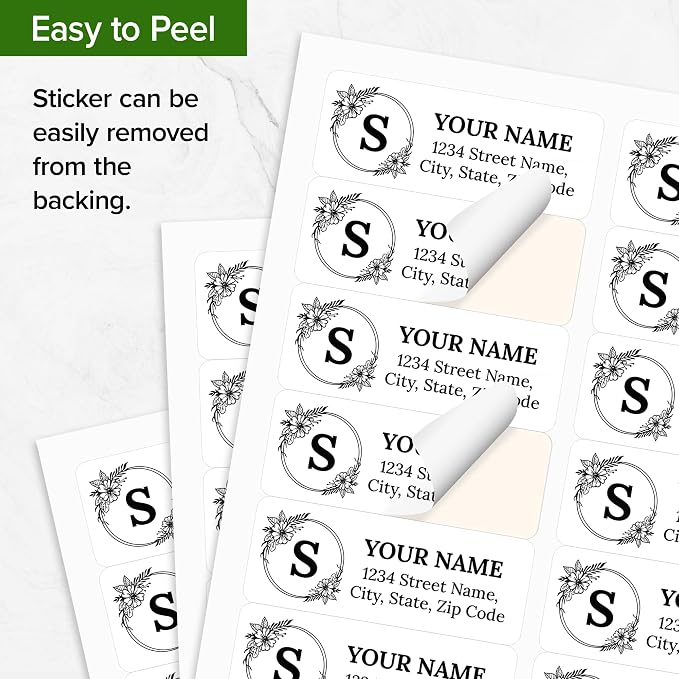 Personalized Return Address Labels, Custom Address Stickers and Name Mailing Labels Circle Flowers for Envelopes, 1x2.6 Inches, Flat Sheet of 60-1200 Made in USA by My Sign Center - Monogram 1