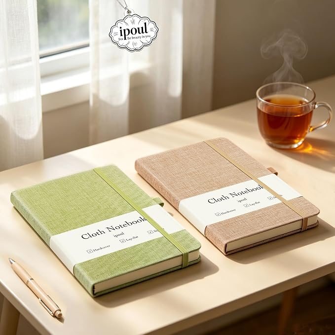 ipoul A5 Notebook, Linen Journal, 8x6, Lined Page, Journal for Writing, Hardcover, Lay Flat, Elastic Closure & Pen Loop, Green