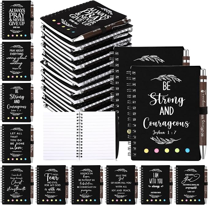 Kosiz 20 Pcs/ 10 Set Christian Gift Bulk Bible Verse Bamboo Pen Spiral Bible Notebook with Notes Religious Basket Stuffers for Back to School Teacher Church Members Coworker (Black)