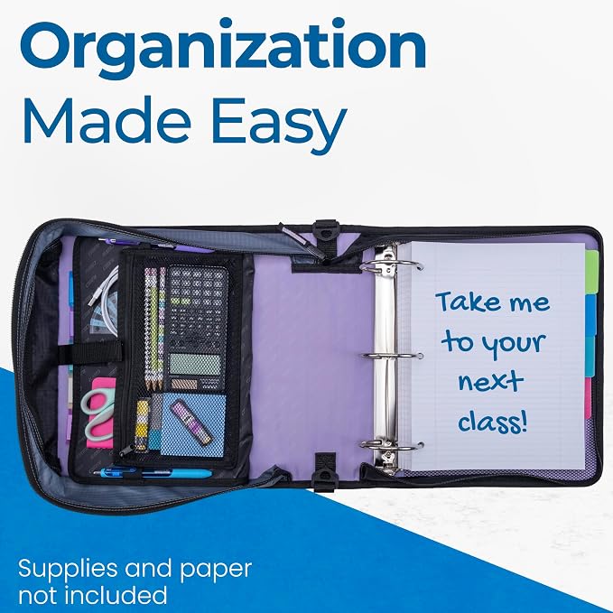 Case-it Mighty Zip Tab School Zipper Binder | 3-Inch O-Rings, 600-Sheet Capacity, 5-Subject Expanding File Folder, Multiple Pockets & Storage Organizer, Shoulder Strap | D-146 Lavender (Pack of 6)