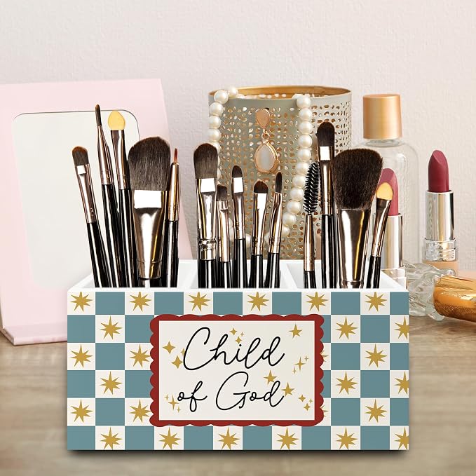 Christian Kids Pen Pencil Holder Organizer for Desk, Retro Blue Checkered Bible Verse Wooden Box Signs Decorations for Boys Girls Room Bedroom Desk Tabletop, Christian Gifts for Kids