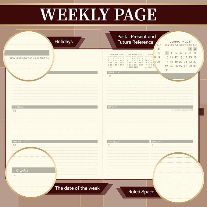 Vondafe 2027 Planner Weekly and Monthly, Jan. 2027 - Dec. 2027, 9" x 11" | Inner Pocket + Elastic Closure + Pen Loop + Bookmarks, Leather Hardcover, Brown, Calendar Planner 2027 for office planning