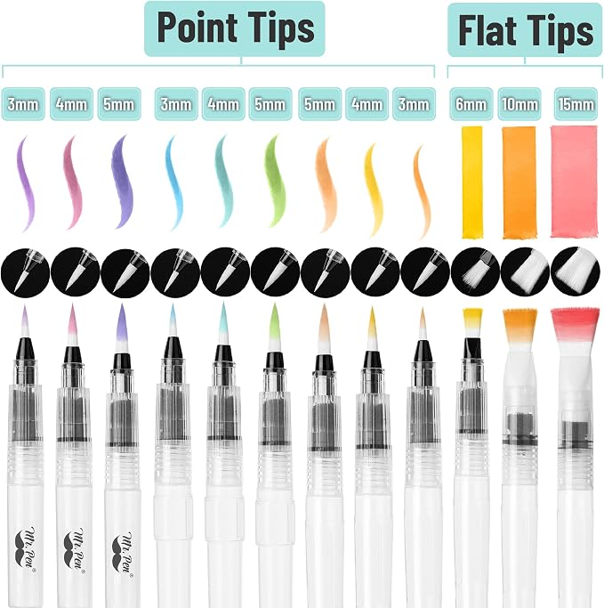 Mr. Pen- Watercolor Brush Pens, 12 pcs | 9 x Point Tips and 3 x Flat Tips Styles, Refillable Watercolor Pens for Acrylic, Gouache Painting, Crayons