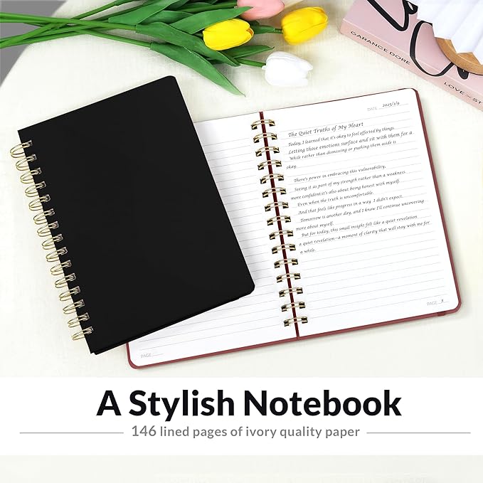 SUNEE Lined Spiral Journal Notebook for Women, 146 Pages College Ruled Hardcover Journaling Notebook for Work, Note Taking and Office School Supplies, A5 -Black