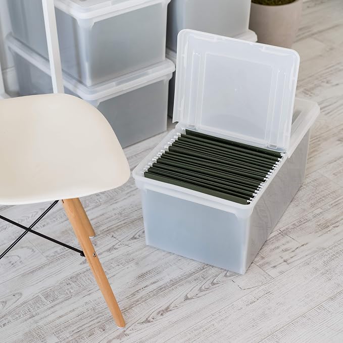 IRIS USA 5-Pack 44 Qt. Letter File Box with Hinged Lid, Clear | Protect important documents, letter and legal files with secure storage for home offices, moving, and long-term organization