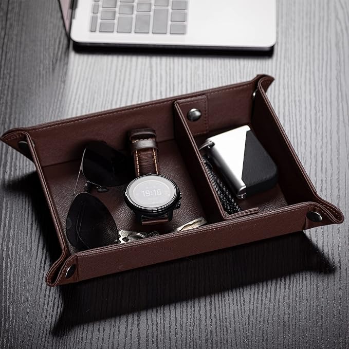 Valet Tray for Men PU Leather Tray Organizer with Partition Luxurious | Night Stand During Trays Storage Keys, Watch & Practical Storage for Table Nightstand Living Room Bedroom (Dark Brown)
