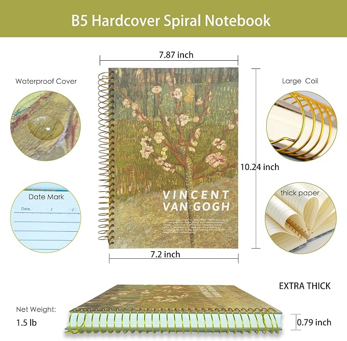 Large Spiral Notebook, B5, 8x10, Hardcover Journal, Lay Flat, Thick Notebook, 300 Page Journal, Lined Journal Notebook, Wide Ruled, Vincent Van Gogh Gifts, Almond Tree in Blossom, Green