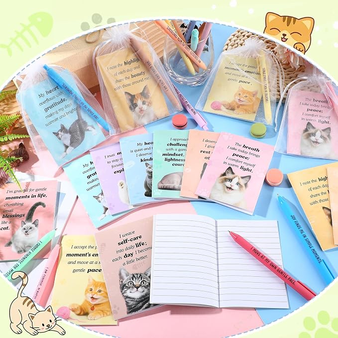 Mooliwe 48 Pcs Positive Affirmation Gift Set Gratitude Notebooks with Pens Small Bags Motivational Encouragement Notepads Daily Affirmations Journal for Women Stress Relief Self Care (Cat)