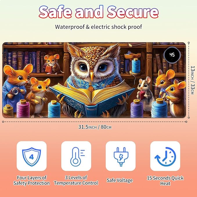 Heated Desk Pad Large Mouse Pad 31.5 x 13 inch with 3 Levels Heating & Auto Shut-Off Warm Mouse pad PU Leather Computer Mousepad for Home Office Work - Owl Book
