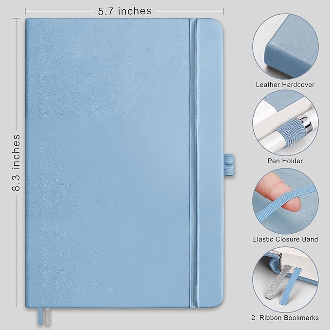 RETTACY Dotted Journal Notebook, 192 Pages, A5 Medium Size (5.7'' x 8.3'') | Leather Hardcover, 100 GSM Thick Paper, for Journaling, Planning, Tracking (Light Blue)