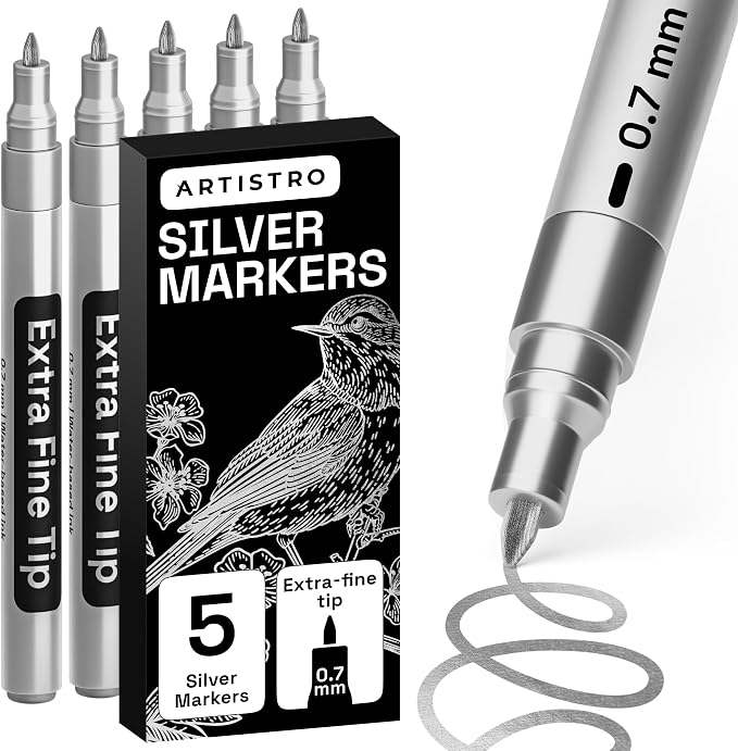 ARTISTRO Silver Paint Pens - Extra-Fine Tips - Set of 5 | Acrylic Paint Markers, Water-Based, For Rock, Glass, Ceramic, Wood, Tire, Fabric, Metal, Canvas, Marking, Painting
