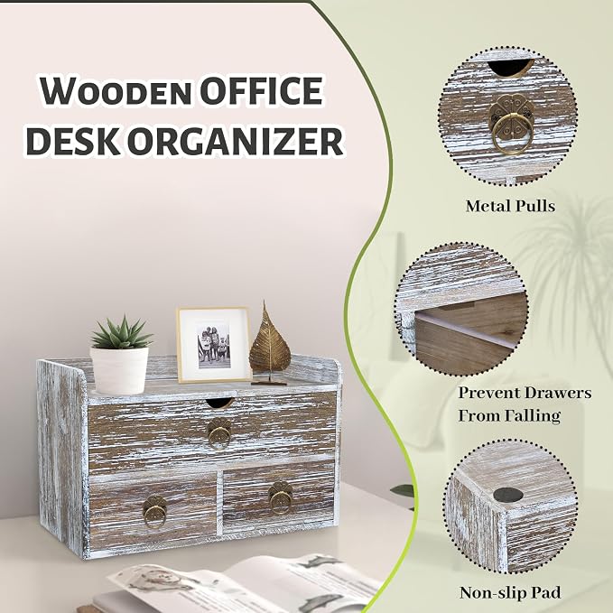 Wood Desk Organizer with Drawer, Washed Brown Wooden Desktop Organizer, Tabletop Storage Organization Box for Countertop, Home Office Supplies (3 Drawer and Shelf)