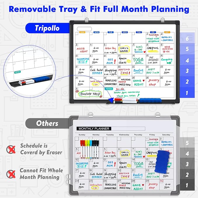 White Board Calendar Dry Erase for Wall, 24" x 18" Aluminum Frame（Black） | Magnetic Monthly Planner Board, Wall Mounted or Hanging. Calendar Design Suitable for Daily Planning of Home, Office, Class