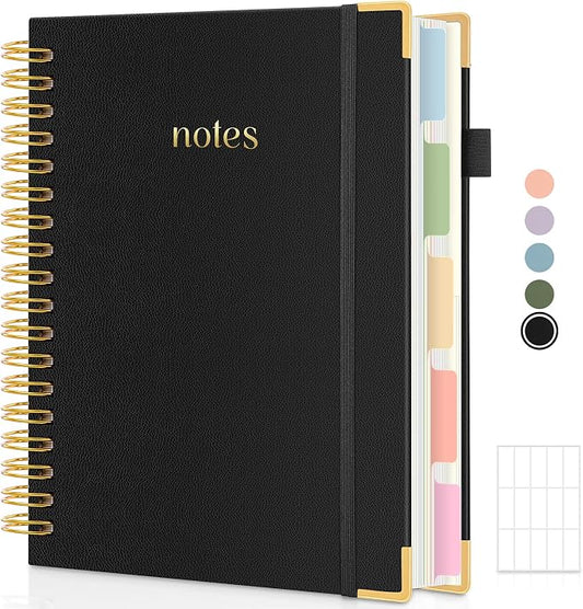 SKYDUE 5 Subject Notebook with Dividers and Tabs, 8" x 10" College Ruled Notebook for Work, 300 Pages Spiral Journal for Women, Black