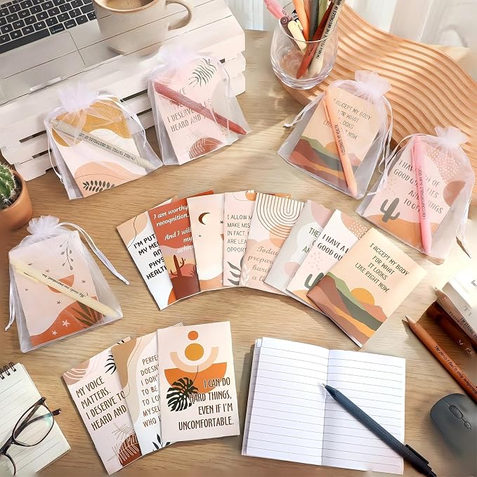 Mooliwe 24 Pcs Positive Affirmation Gift Set Gratitude Notebooks with Pens Small Bags Motivational Encouragement Notepads Daily Affirmations Journal for Women Stress Relief Self Care (Rustic)
