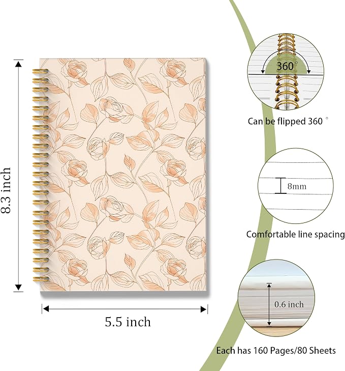 ROXMART Vintage Rose Floral Spiral Notebook, Beige Neutral Botanical Journal, Neo-Romantic Elegant Lined Flower Plant Hardcover Notebook Journal, 5.5x8.3 Inch