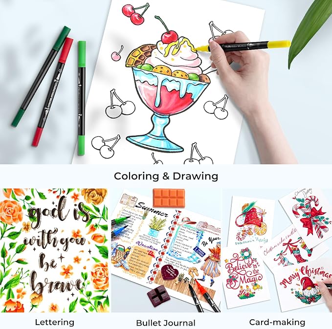 Ohuhu Adult Coloring Book Markers 160 Color Dual Tip Water-Based-Maui-Black | No Bleed Coloring Markers Fineliner & Brush Drawing Pens Art Pens for Kids Adults Sketch Journal