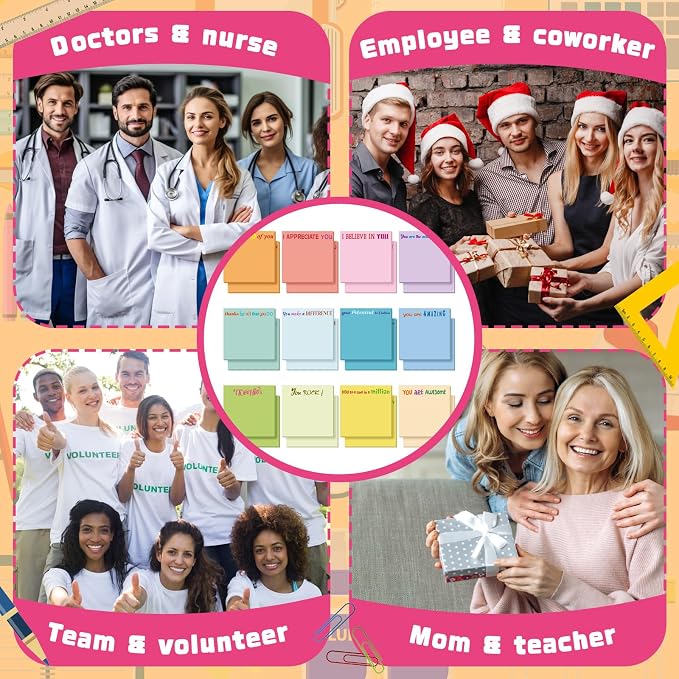 Yinder 12 Pcs Inspirational Sticky Notes, Back to School Supplies, Cute Motivational Sticky Notes Pad Employee Appreciation Gifts Bulk for Teacher Coworker Office 3 x 3'' (Appreciation,Simple Color)