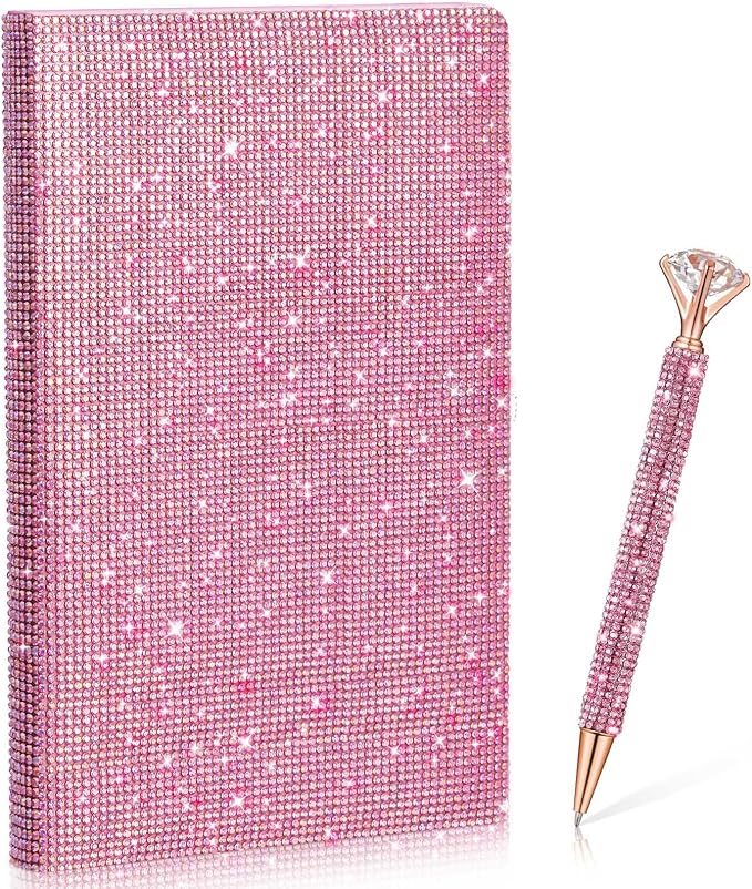Rhinestone Pen & Glitter Notebook Set, Hard Cover Bling Diary Journal for Girls, Cute School Supplies for Back to School, Sparkly Desk Accessories Gift for Women(Rhinestone,A5,Pink)