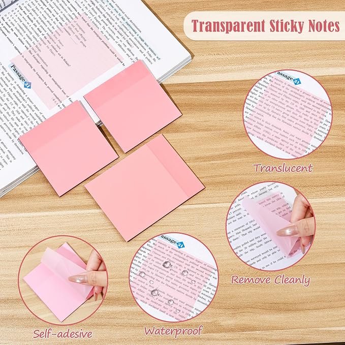 BAYTORY 1240 Sheets Transparent Sticky Notes, Clear Annotation Kit (Pink) | 3 x 3 inch Page Markers, Translucent Self-Stick Index Tabs for Reading Bible Office Journaling