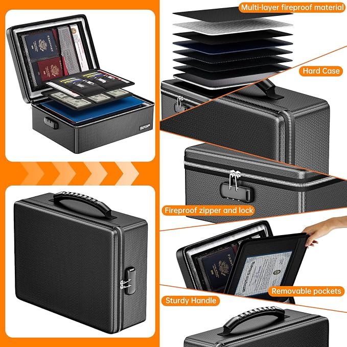 ENGPOW Fireproof Document Box with Lock & Heat-Resistant Fireproof Zipper | 6400°F 12-Layer Fire Protection,Hard Case File Organizer with Multi-Pocket,Portable Home Safe Storage for Money,Jewelry