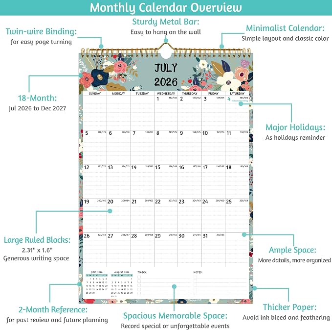 Wall Calendar 2026-2027 – Jul.2026 - Dec.2027, Calendar 2026-2027 Wall, 18 Monthly Calendar, 12 x 17 In, 2026-26 Calendar with Large Blocks, Thick Paper, Holidays, To-do ＆ Notes, Great for Organizing