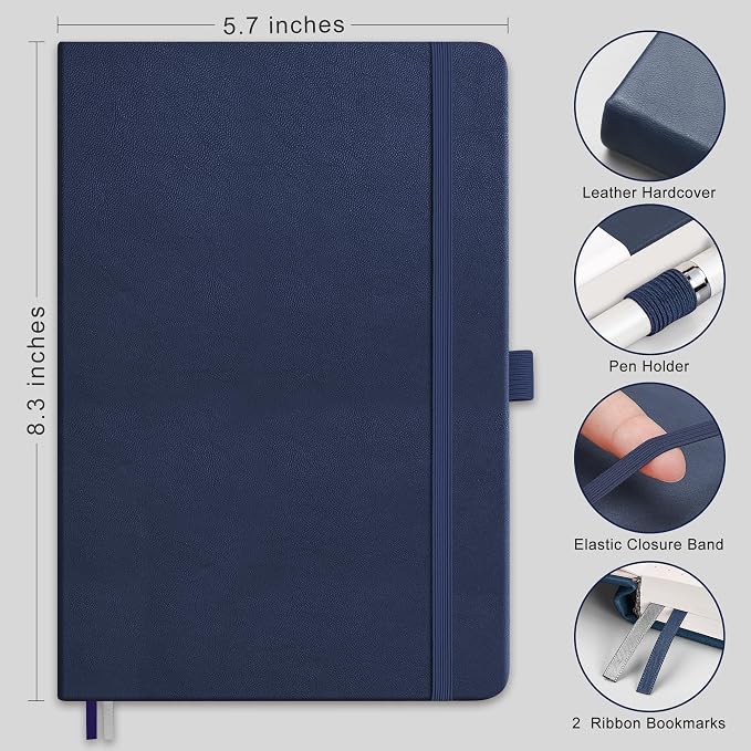 RETTACY Lined Journal Notebook, 192 Numbered Pages, A5 Size (5.7'' x 8.3'') | Leather Hardcover, 100 GSM Thick Paper, for Men & Women, Journaling, Writing, Work & Office (Navy blue)