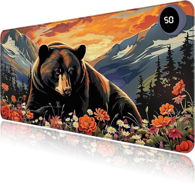 Heated Mouse Pad with 3 Levels Heated & 3 Hours Auto Shut-Off Mouse Pad for Warming Hands in Office Home, 23.6" x 14.2"Large Safe Desk Mat Hand Warmer，Black Bear