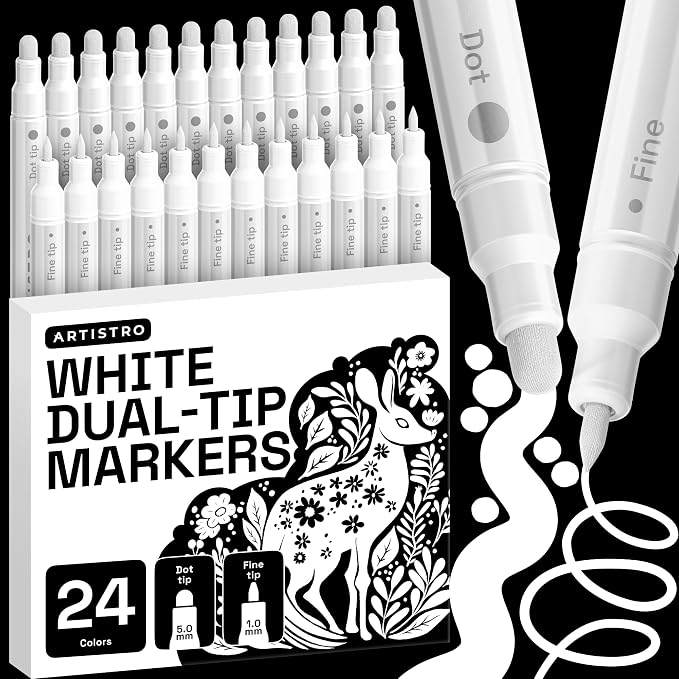 ARTISTRO 24 White Dual-Tip Acrylic Paint Markers – Paint Pens Set with Dot & Fine Tips for Fabric, Rock, Glass, Wood, Coloring Books – Arts & Crafts Gift – Classroom Must Haves & School Supplies