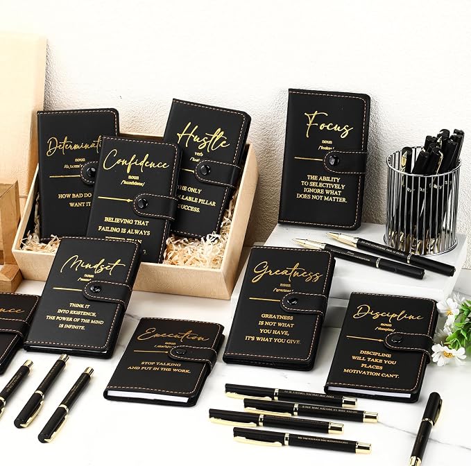 Tenceur 10 Sets Inspirational Gifts Bulk Leather Notebooks Pens with Growth Motivational Quotes for Employee Students Prizes Back to School Encouragement Appreciation Gifts (Black)
