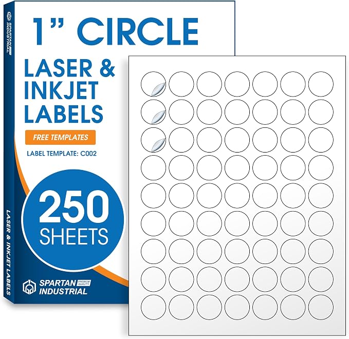 1" Printable Round Labels for Laser and Inkjet Printers - 15750 Blank Labels, 250 Sheets for Price Tags, Thank You Stickers, QR Codes, Business Logos - Spartan Industrial Template C002