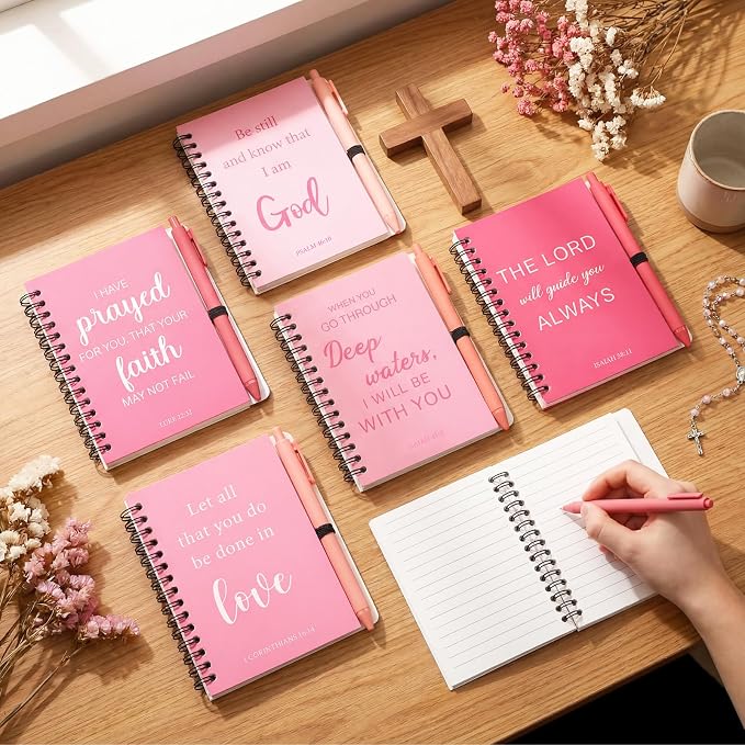10 sets Pink Christian Gift Bulk Inspirational Prayer Journal Bible Spiral Notebook and Ballpoint Pen Religious Scripture Notepad for Women Teacher Church Gift Pink Party Favor