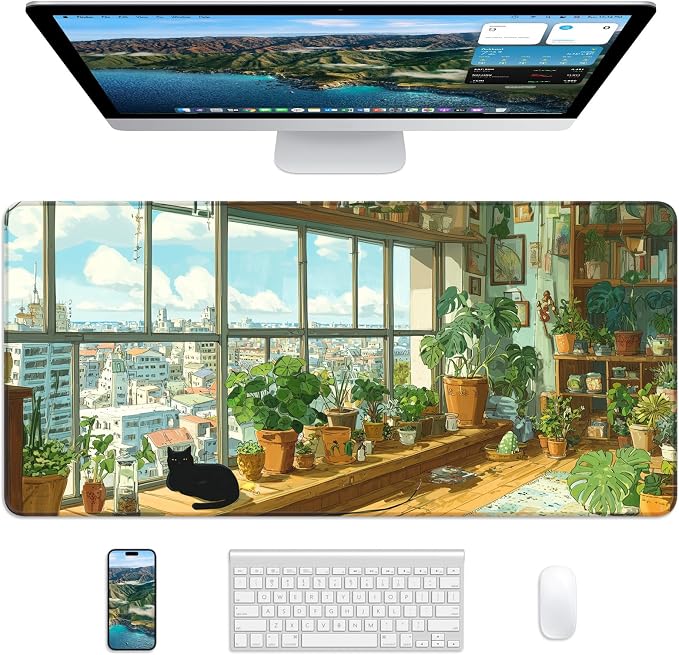 XL Gaming Mouse Pad, 31.5x15.7'' Large Desk Mat with Anti-Slip Rubber Base & Stitched Edges for Gaming, Office, Home, Greeny Cottage