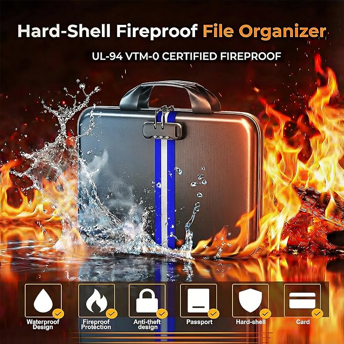 Fireproof Document Organizer with Lock, Rigid EVA File Box with 13-Pocket Accordion Folder for Important Documents & Tablets under 11", Lightweight Safe Storage for Home, Office & Travel (Small Size)