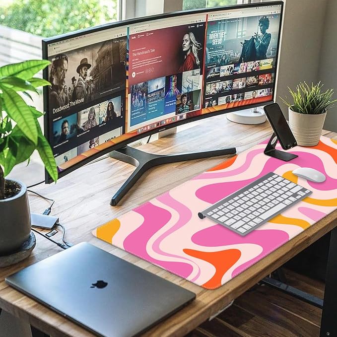 iCasso Large Mouse Pad (35.4x15.7 in), Desk Mat Gaming Mousepad with Stitched Edges, Keyboard Mouse Mat Desk Pad for Work, Game, Office, Home-Pink Topographic