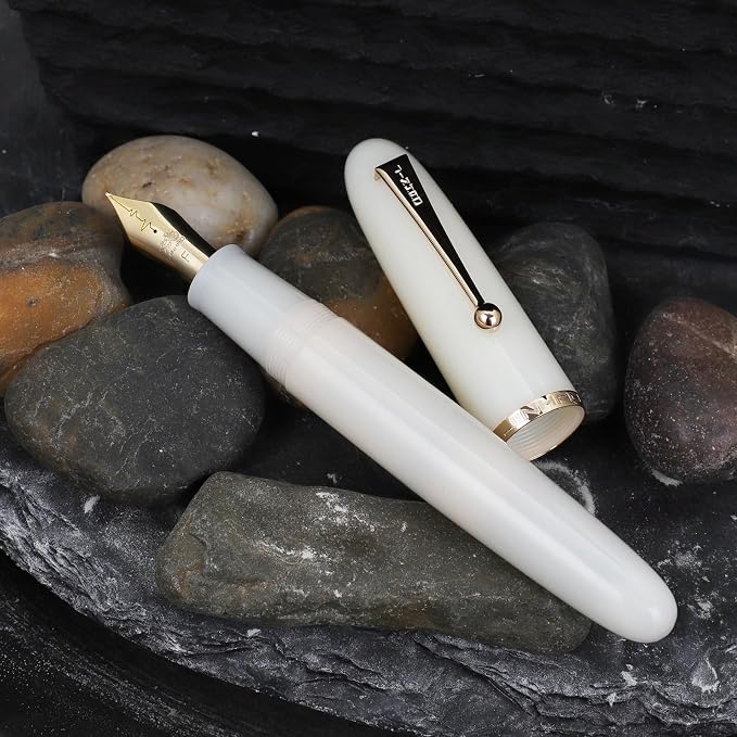 Jinhao 9019 DaDao Series Fountain Pen, Size 8 Fine Heartbeat Nib with Large Ink Converter, Ivory White Acrylic Design Smooth Writing Pen (Gold Trim)