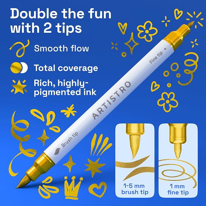 ARTISTRO 36 Gold Acrylic Paint Markers - Paint Pens for Drawing - For Fabric, Rock, Glass, Wood, Molds - Arts & Crafts Gift for Adults, Teens, Kids, Classroom Must Haves & School Supplies