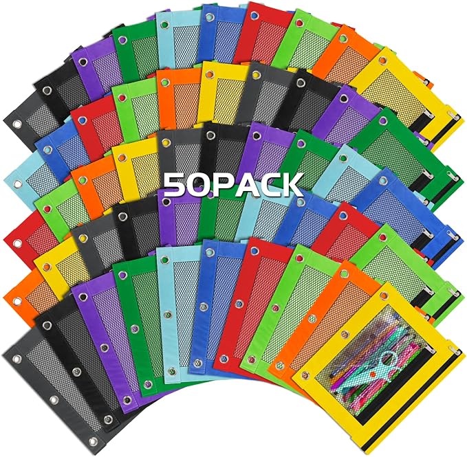 50 Colorful Binder Pencil Pouches with Zipper - 3 Ring Binder Pencil Case for Classroom, School & Teacher Supplies