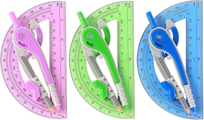 ZZTX 180-Degree Protractor and Compass Set 3 Colors | Precision drawing, 180° measurement, Student geometry