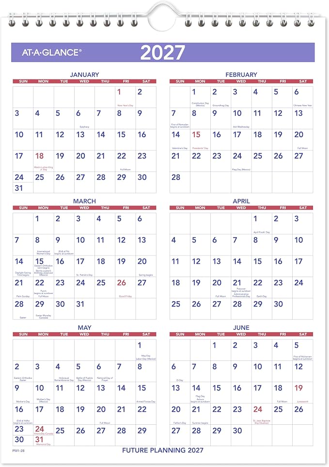 AT-A-GLANCE 2026 Wall Calendar, 8" x 11", Small, Ruled Blocks (PM12826)