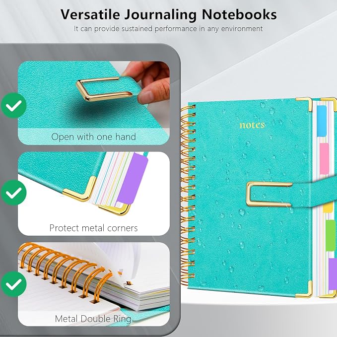 Hardcover Spiral Notebook College Ruled, 8"x10" Leather Journal Notebook with Magnetic Closure, 300 Pages 5 Subject Notebook with Dividers Tabs Journal for Women Men, Work, School(Blue)