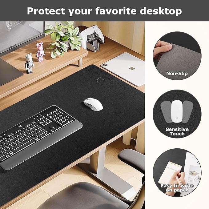 Wireless Charging Mouse Pad Firelison 2 in 1 Leather Multifunctional Office Desk Pad with Non-Slip Rubber Base, Waterproof Desk pad for Computers/Office/Work/Home/Decor（ 36" x 17"Black - R）
