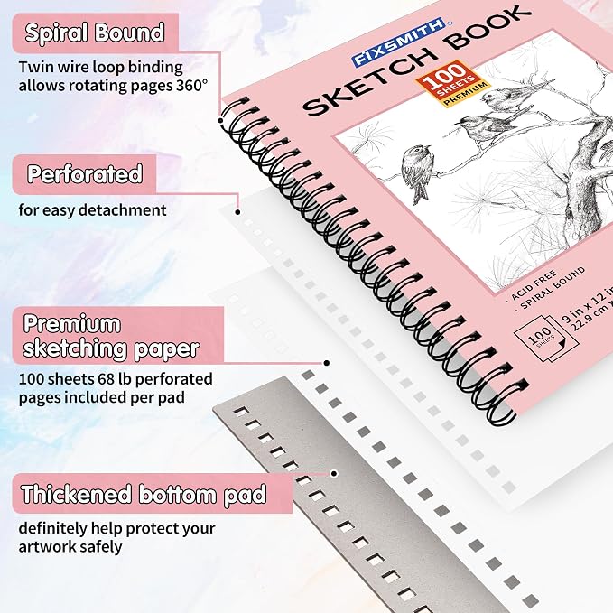 FIXSMITH 9"X12" Pink Sketch Book, 400 Sheets (68 lb/100gsm) Spiral Sketchbook, Acid Free Drawing Paper, Sketch Pad for Beginners,Artists & Professionals, Bright White