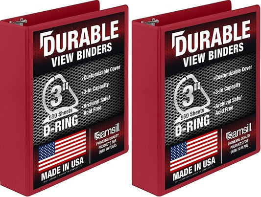 Samsill Durable 3 inch 3 Ring Binder, D Ring Binder, 100% Recycled Chipboard, Red (Pack of 2)
