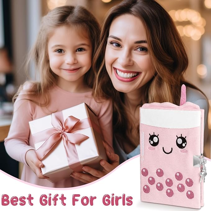 All In One Gift Kit for Girls – Back to School Supplies, Lock and Key Plush Journal Stationery Set with 53 Stickers, 1 Bracelet, 1 Coin Purse, 4 Straws and 3 Sticky Notes, for Kids, Toddlers, and Teens (Pink Boba)
