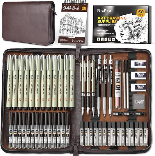Nicpro 58 PCS Art Drawing Supplies Kit in Leather Case, Art Mechanical Pencil Set with Metal Drafting Pencil 0.3 & 0.5 & 0.7 & 0.9 & 2mm, 12 Micron Pen, Sketch Book, 30 Tube Lead Refills for Sketching