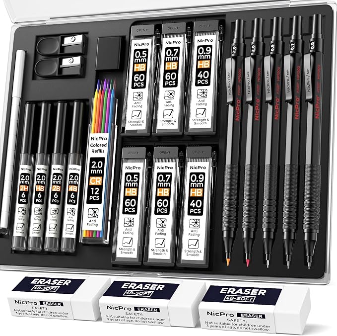 Nicpro 22PCS Art Mechanical Pencil Set， Metal Drawing Sketching With Eraser | Pencil Black Artist Drafting 0.5 & 0.7 & 0.9 mm & 2PCS 2mm Graphite Holder(4B 2B HB 2H) for Writing With Lead Refills Case