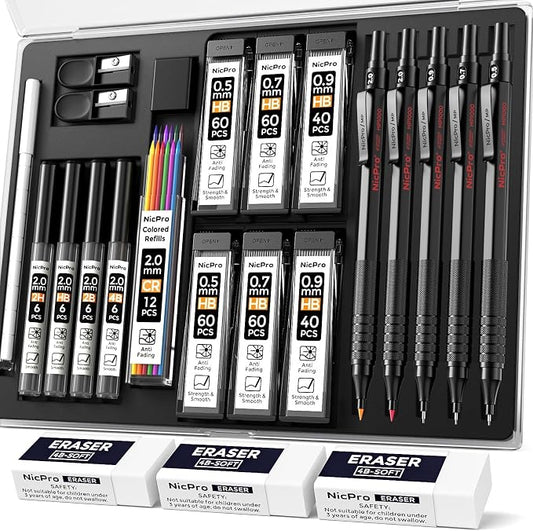 Nicpro 22PCS Art Mechanical Pencil Set， Metal Drawing Sketching With Eraser | Pencil Black Artist Drafting 0.5 & 0.7 & 0.9 mm & 2PCS 2mm Graphite Holder(4B 2B HB 2H) for Writing With Lead Refills Case