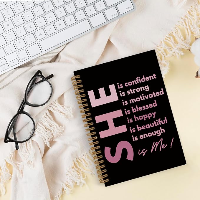 She Is Me Inspirational Spiral Notebook, Self Care Journal Notebook, Black Pink Self Love Notebooks for School Work, Positive Affirmations Office Supplies Gifts for Women Girls, 5.5x8.3 Inch