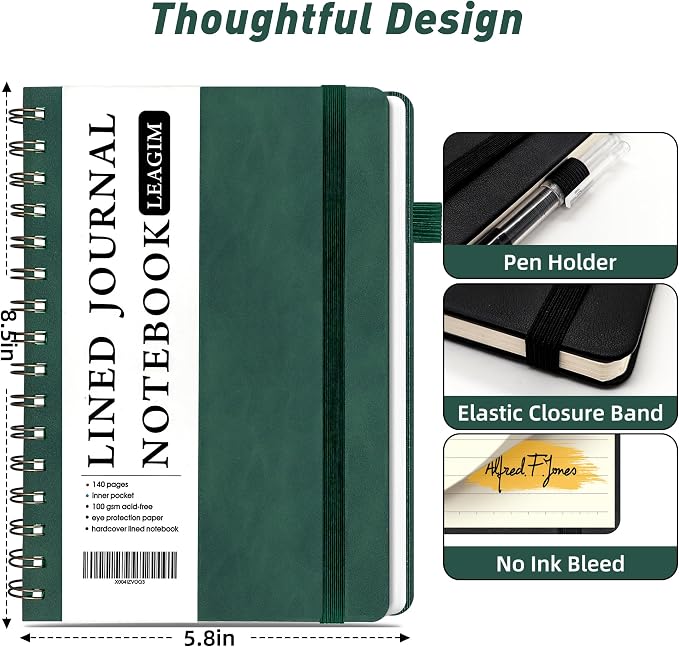 LEAGIM Lined Spiral Journal Notebook for Women & Men, College Ruled Hardcover Notebook for Work & Note Taking, Journals for Writing, 100 GSM, Business, School, 140 Pages, A5(5.8"x8.5") - Dark Green